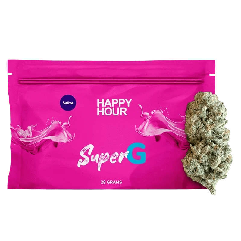 Front-facing shot of the bright pink Happy Hour Super G pouch (28 grams text visible) with a cannabis bud placed to the right.