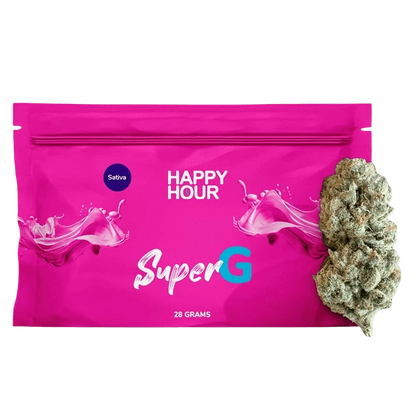 Front-facing shot of the bright pink Happy Hour Super G pouch (28 grams text visible) with a cannabis bud placed to the right.