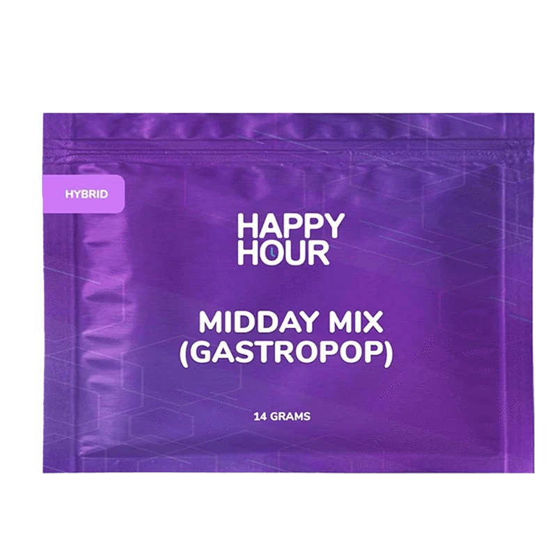 Flat front view of the purple Happy Hour Midday Mix pouch with bold white logo and product name centered against a subtle geometric background