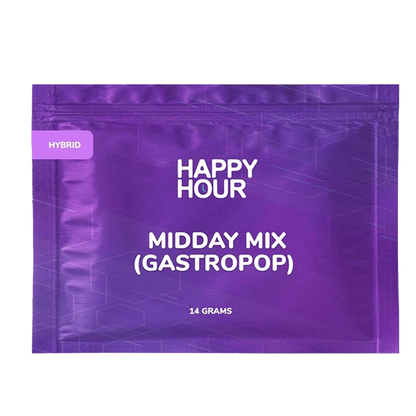 Flat front view of the purple Happy Hour Midday Mix pouch with bold white logo and product name centered against a subtle geometric background