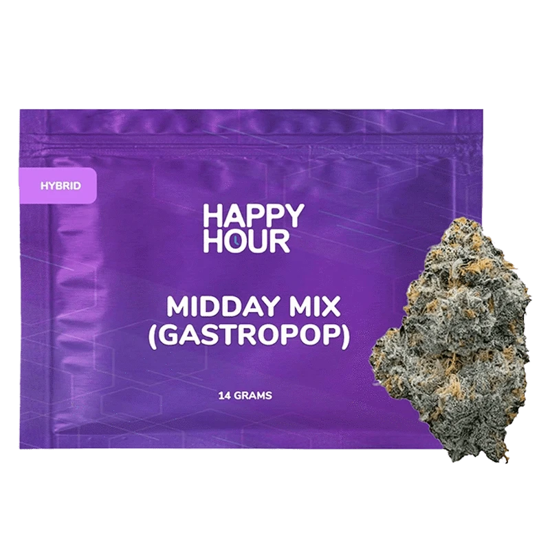 Front-facing purple pouch labeled "Happy Hour MIDDAY MIX (GASTROPOP)" with a 14 g notation and a close-up of a frosty cannabis bud at the lower right.