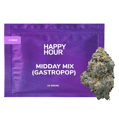 Front-facing purple pouch labeled "Happy Hour MIDDAY MIX (GASTROPOP)" with a 14 g notation and a close-up of a frosty cannabis bud at the lower right.