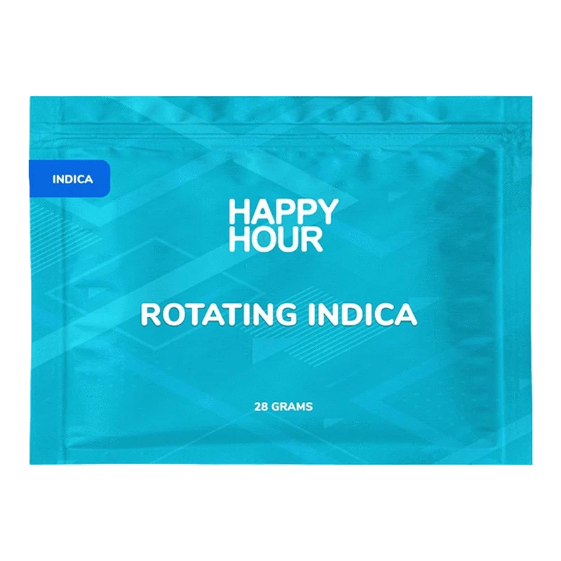 Front-facing shot of the Happy Hour Rotating Indica turquoise pouch with bold white text and a small "Indica" tab.