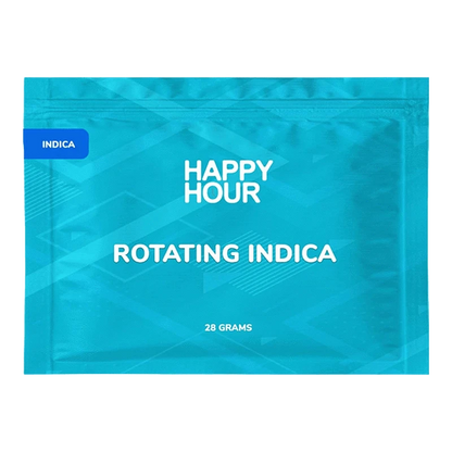 Front-facing shot of the Happy Hour Rotating Indica turquoise pouch with bold white text and a small "Indica" tab.