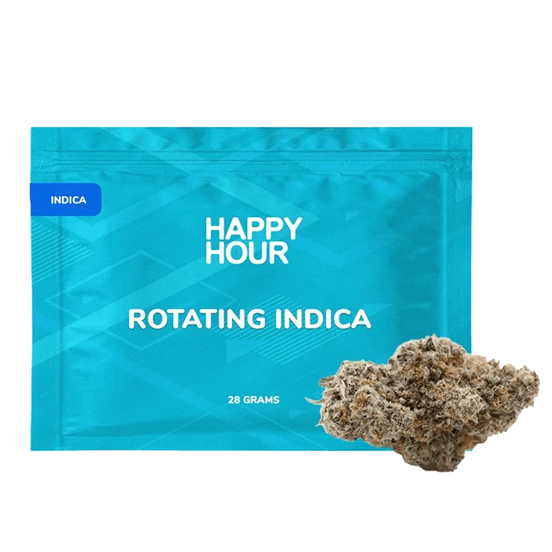 Front-facing pack shot of Happy Hour Rotating Indica on a teal geometric pouch with a cannabis bud photographed in front, lower right.