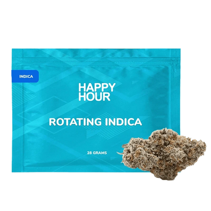 Front-facing pack shot of Happy Hour Rotating Indica on a teal geometric pouch with a cannabis bud photographed in front, lower right.