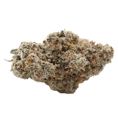 Close-up of a frosty, dense nugget of Rotating Indica photographed from the side against a plain background.