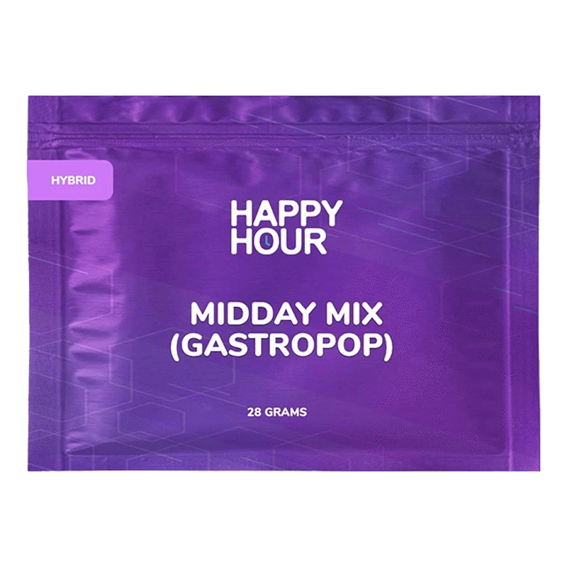 Front-facing shot of the Happy Hour Midday Mix pouch in purple with bold white text reading "MIDDAY MIX (GASTROPOP)" and a small "HYBRID" tab.