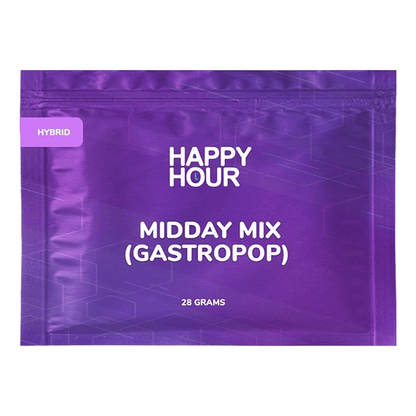 Front-facing shot of the Happy Hour Midday Mix pouch in purple with bold white text reading "MIDDAY MIX (GASTROPOP)" and a small "HYBRID" tab.