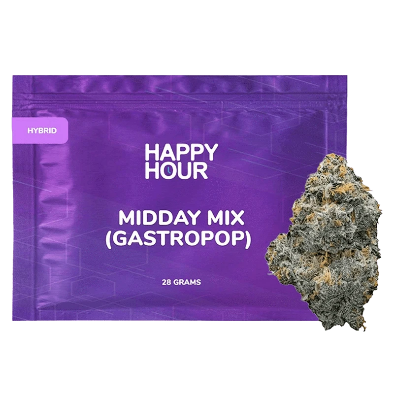 Front-facing shot of the purple Happy Hour Midday Mix pouch (28 g) with a close-up of a frosty cannabis bud overlapping its right edge.
