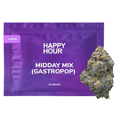 Front-facing shot of the purple Happy Hour Midday Mix pouch (28 g) with a close-up of a frosty cannabis bud overlapping its right edge.