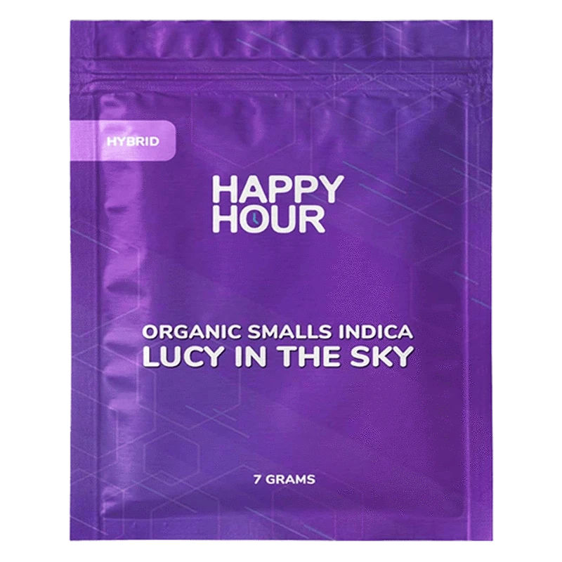 Front-facing shot of the purple Happy Hour Organic Smalls Indica pouch labeled "Lucy in the Sky" with a small "Hybrid" tag and "7 grams" at the bottom