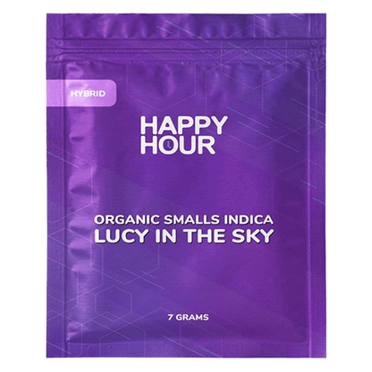 Front-facing shot of the purple Happy Hour Organic Smalls Indica pouch labeled "Lucy in the Sky" with a small "Hybrid" tag and "7 grams" at the bottom
