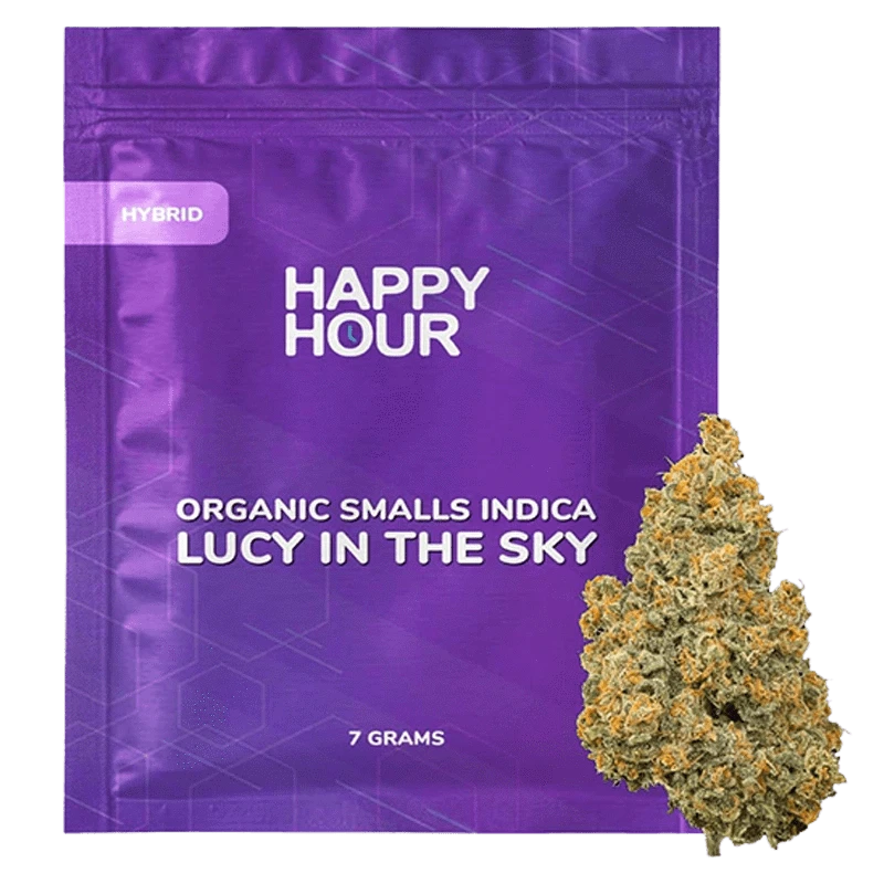 Front-facing purple pouch labeled "Happy Hour Organic Smalls Indica Lucy in the Sky" with a 7 grams note and a cannabis bud pictured at the lower right.