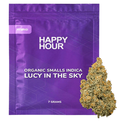 Front-facing purple pouch labeled "Happy Hour Organic Smalls Indica Lucy in the Sky" with a 7 grams note and a cannabis bud pictured at the lower right.