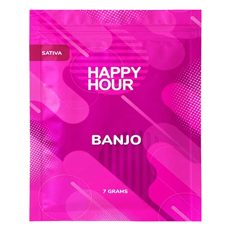 Front-facing shot of the Happy Hour Banjo pouch in hot pink with bold white text and abstract circular graphics.