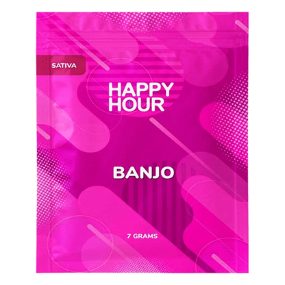 Front-facing shot of the Happy Hour Banjo pouch in hot pink with bold white text and abstract circular graphics.