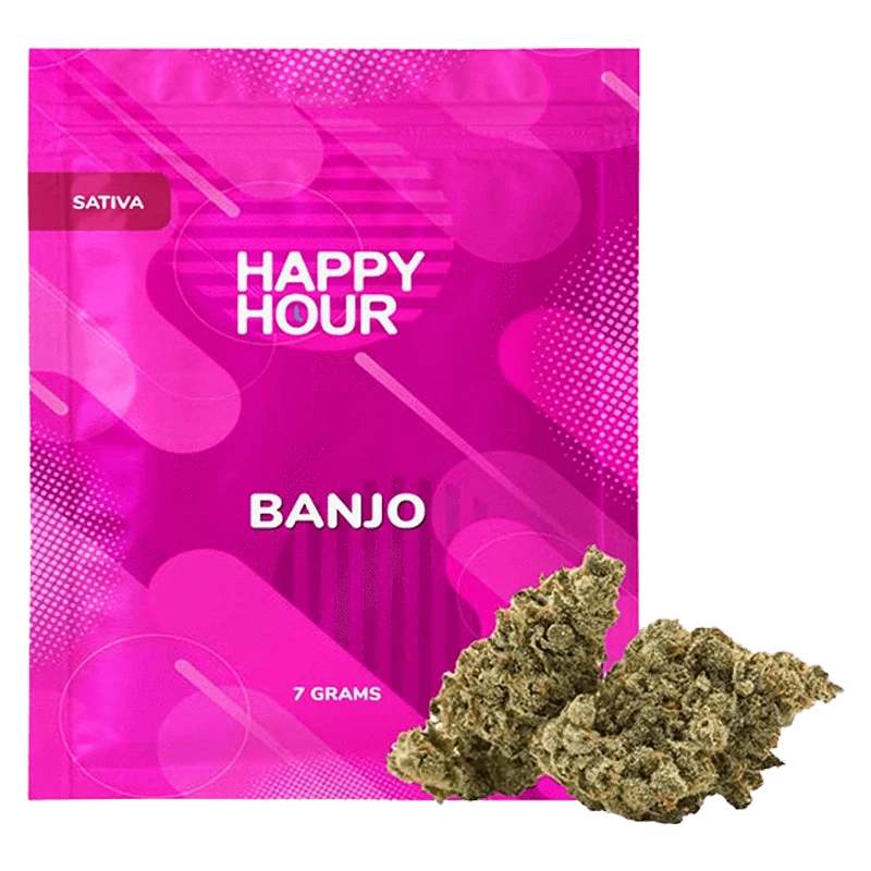 Front view of the Happy Hour Banjo pouch in bright magenta with "BANJO" text at center and two cannabis buds staged at the lower right.