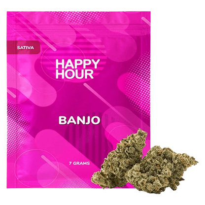Front view of the Happy Hour Banjo pouch in bright magenta with "BANJO" text at center and two cannabis buds staged at the lower right.