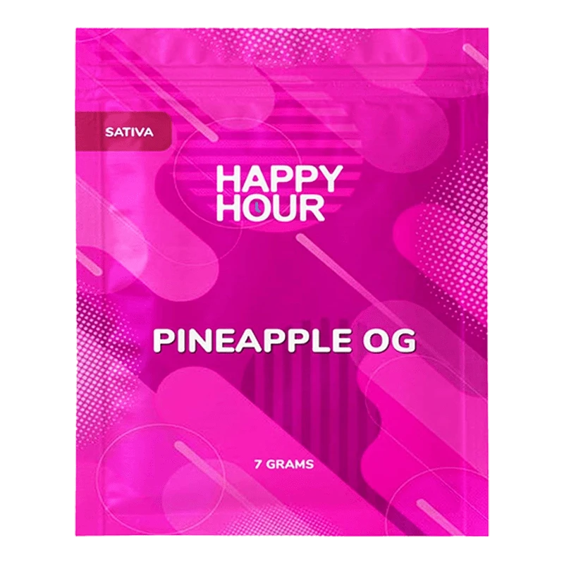 Front view of the bright magenta Happy Hour Pineapple OG pouch with bold white lettering and abstract circular graphics.