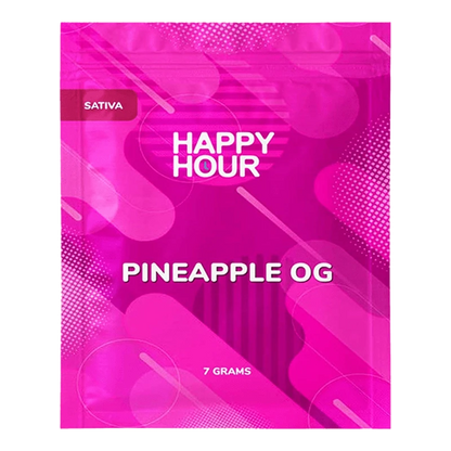 Front view of the bright magenta Happy Hour Pineapple OG pouch with bold white lettering and abstract circular graphics.