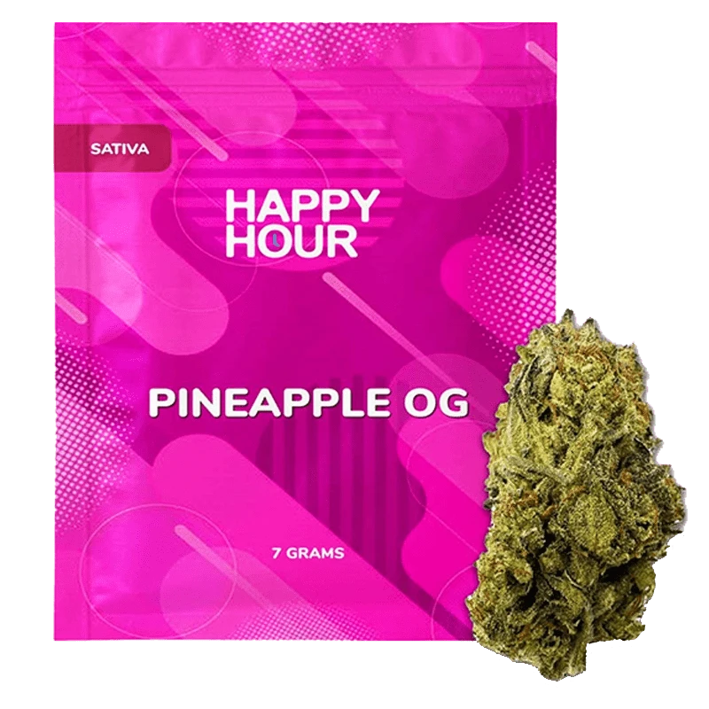 Front-facing shot of the Happy Hour Pineapple OG pouch with bold pink graphics and a cannabis bud pictured at the lower right.