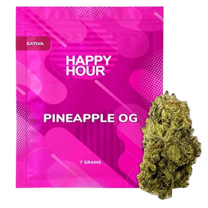 Front-facing shot of the Happy Hour Pineapple OG pouch with bold pink graphics and a cannabis bud pictured at the lower right.