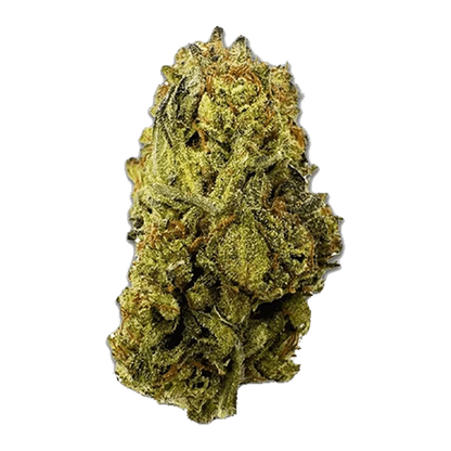 Close-up front view of a single dense Pineapple OG cannabis bud showing bright green and amber trichome-covered leaves against a plain background.