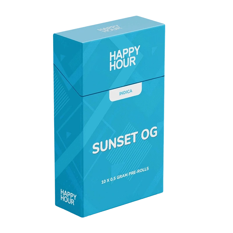 Angled three-quarter view of the blue Happy Hour Sunset OG Indica PR 10 x 0.5 g box showing the front and top panels and bold white branding.