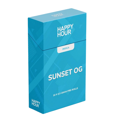 Angled three-quarter view of the blue Happy Hour Sunset OG Indica PR 10 x 0.5 g box showing the front and top panels and bold white branding.