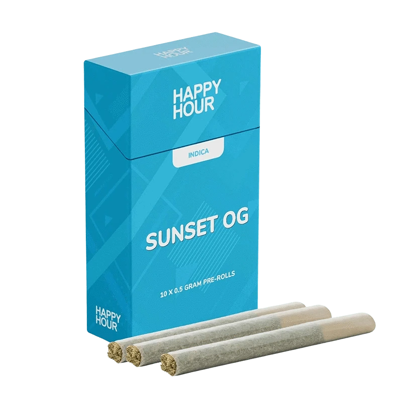 Three-quarter view of the blue Happy Hour Sunset OG Indica PR 10 x 0.5 g box standing upright with three pre-rolls lined in front.