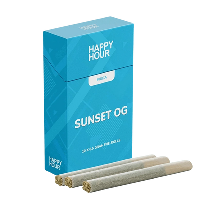 Three-quarter view of the blue Happy Hour Sunset OG Indica PR 10 x 0.5 g box standing upright with three pre-rolls lined in front.