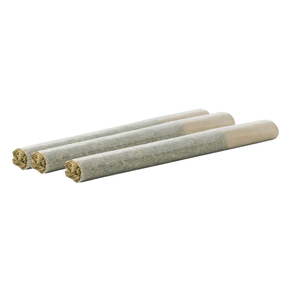 Angled close-up of three rolled joints in a row, showing packed ends and paper tips of the Sunset OG Indica PR 10 x 0.5 g.