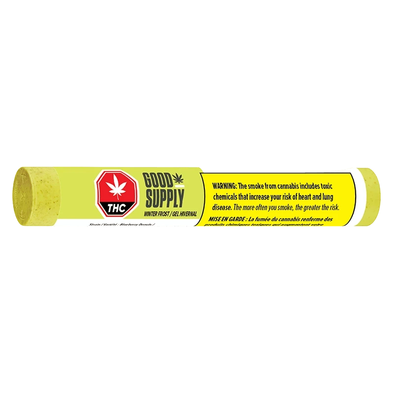 Side view of the yellow Winter Frost PR 3 x 0.5 g tube with Good Supply branding and a red THC symbol against a white background.