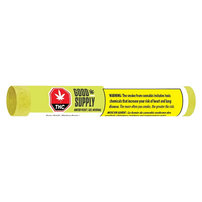 Side view of the yellow Winter Frost PR 3 x 0.5 g tube with Good Supply branding and a red THC symbol against a white background.
