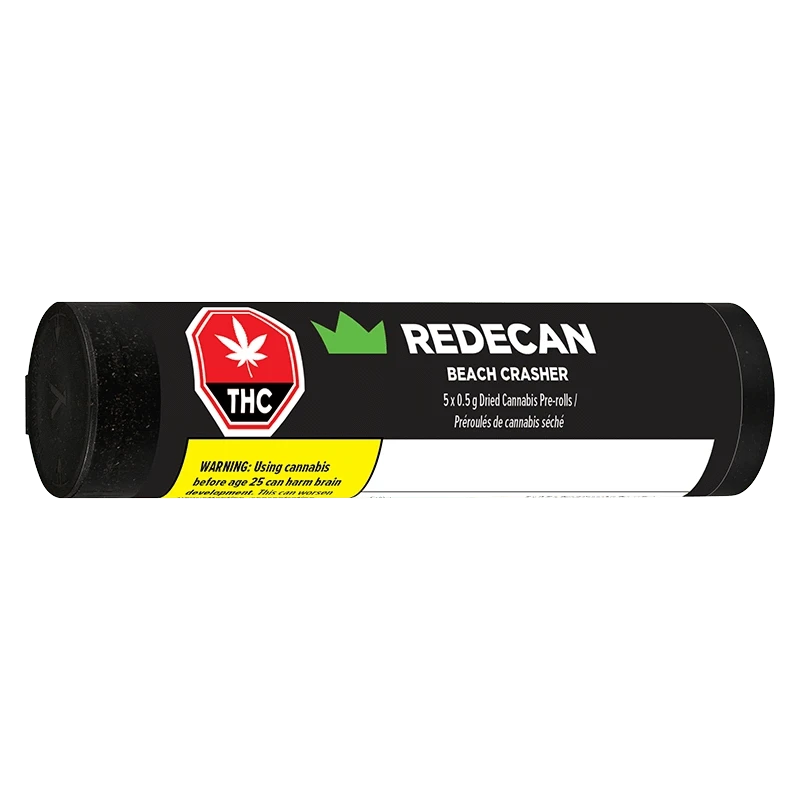 Side-on studio shot of the black tubular package labeled REDECAN Beach Crasher PR 5 x 0.5 g with a red THC symbol and yellow warning strip.