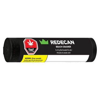 Side-on studio shot of the black tubular package labeled REDECAN Beach Crasher PR 5 x 0.5 g with a red THC symbol and yellow warning strip.