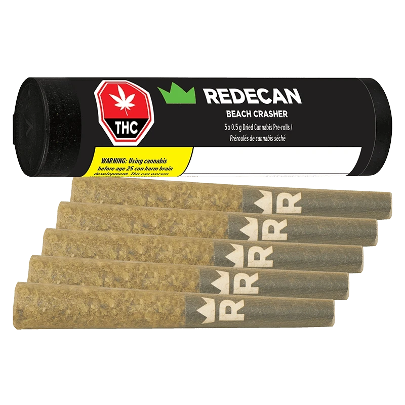 Angled front view of a black tube and six brown pre-rolls arranged in a staggered row, labeled "Redecan Beach Crasher PR 5 x 0.5 g."