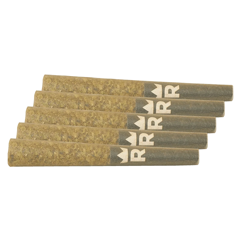 Angled top-down view of six Beach Crasher PR 5 x 0.5 g pre-rolls fanned on a plain background showing paper tips with a white crown R logo.