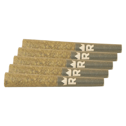 Angled top-down view of six Beach Crasher PR 5 x 0.5 g pre-rolls fanned on a plain background showing paper tips with a white crown R logo.