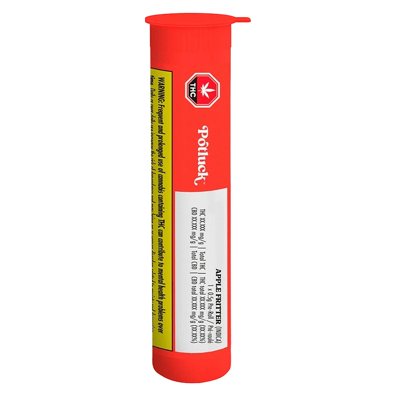 Tall front-facing shot of the red Apple Fritter PR 1 x 0.5 g tube with vertical white label and yellow warning stripe.