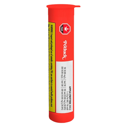 Tall front-facing shot of the red Apple Fritter PR 1 x 0.5 g tube with vertical white label and yellow warning stripe.