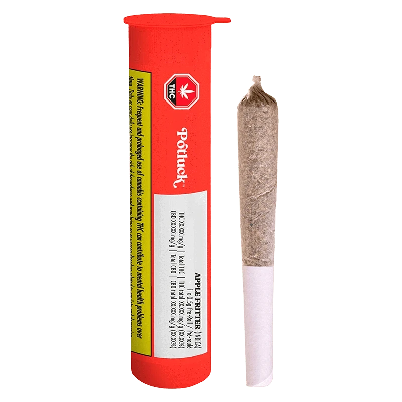 Vertical studio shot of a red Potluck Apple Fritter PR 1 x 0.5 g tube standing next to a pre-rolled joint against a white background