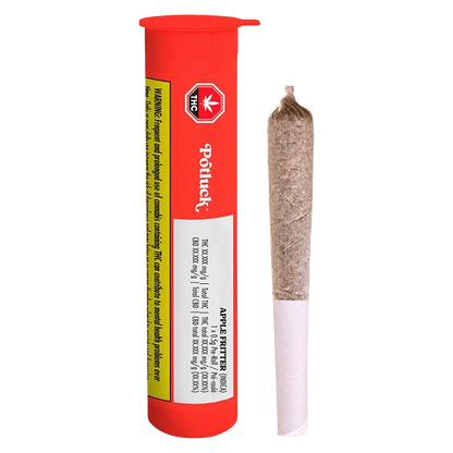 Vertical studio shot of a red Potluck Apple Fritter PR 1 x 0.5 g tube standing next to a pre-rolled joint against a white background