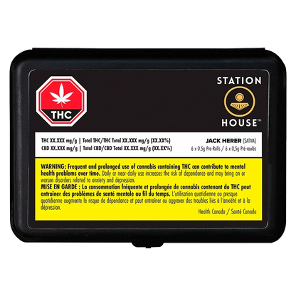 Top-down view of the black tin with a bold label reading Jack Herer PR 6 x 0.5 g and a yellow health warning.