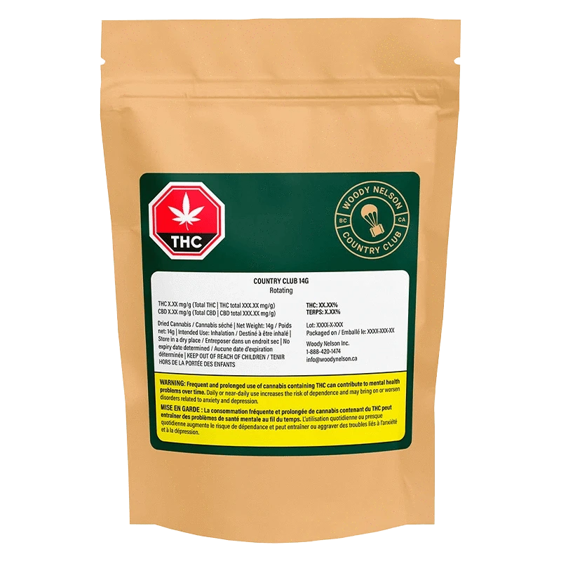 Front-facing shot of the Country Club kraft pouch with a green label, warning panel, THC symbol, and Woody Nelson seal.
