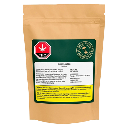 Front-facing shot of the Country Club kraft pouch with a green label, warning panel, THC symbol, and Woody Nelson seal.
