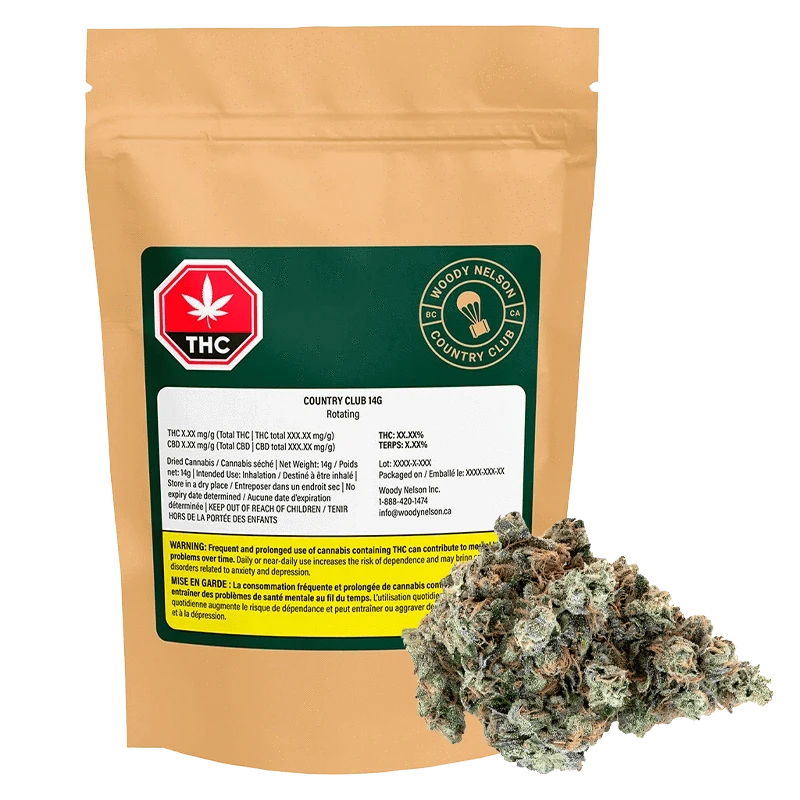 Front view of the Country Club 14g brown resealable pouch with green label and a cluster of cannabis buds at the lower right.