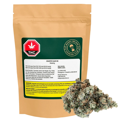 Front view of the Country Club 14g brown resealable pouch with green label and a cluster of cannabis buds at the lower right.