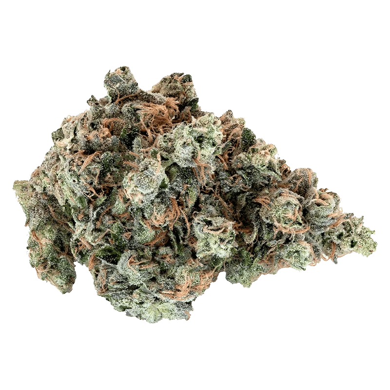 Close-up front view of a frosty green and orange cannabis bud labeled "Country Club" showing dense trichomes and curled pistils.